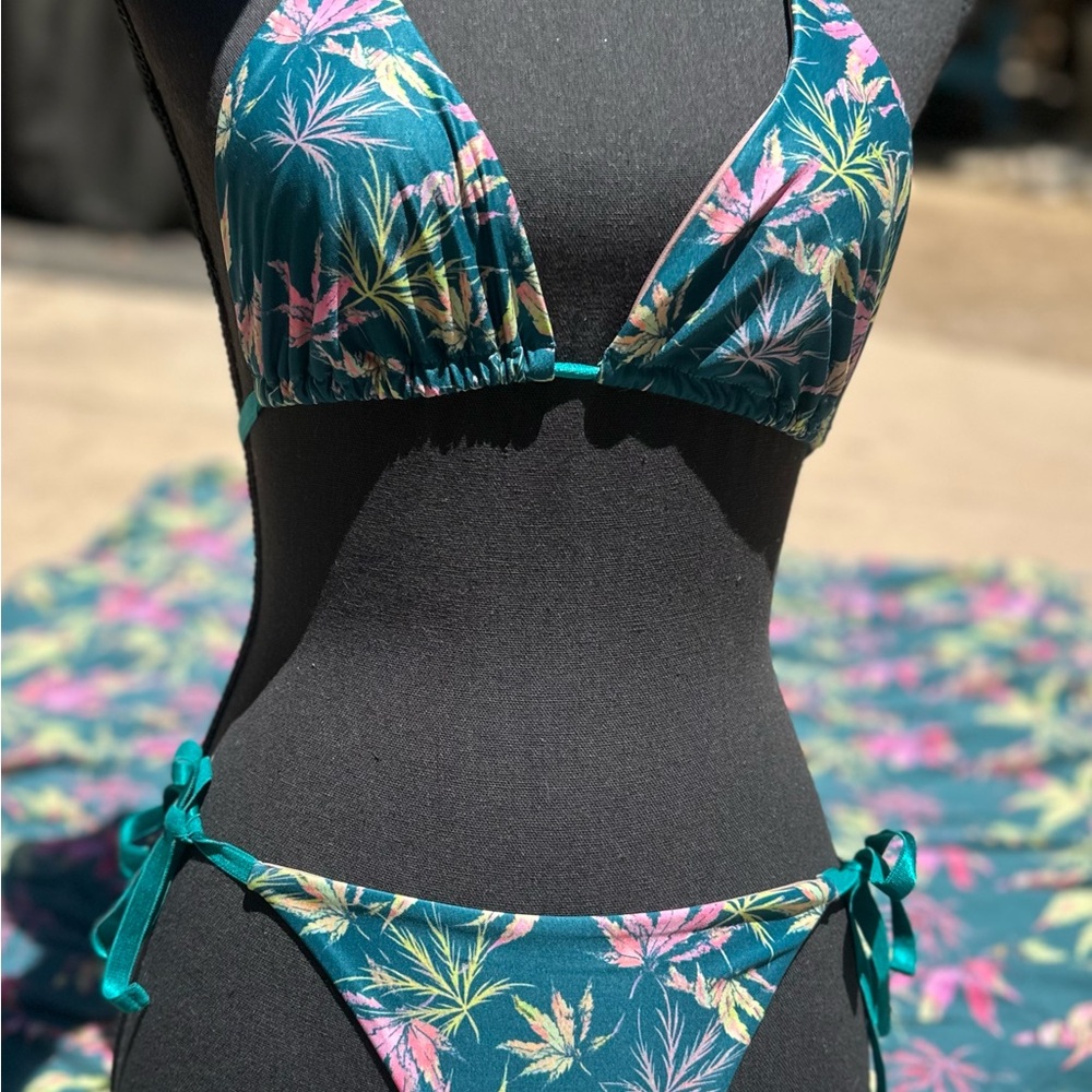 Blue Pink and Green tropical leaf print bikini